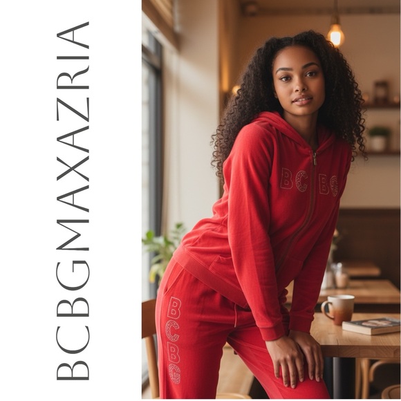 BCBGMAXAZRIA Y2K Red Cotton Rhinestone Logo Tracksuit Set Hoodie Joggers Large
